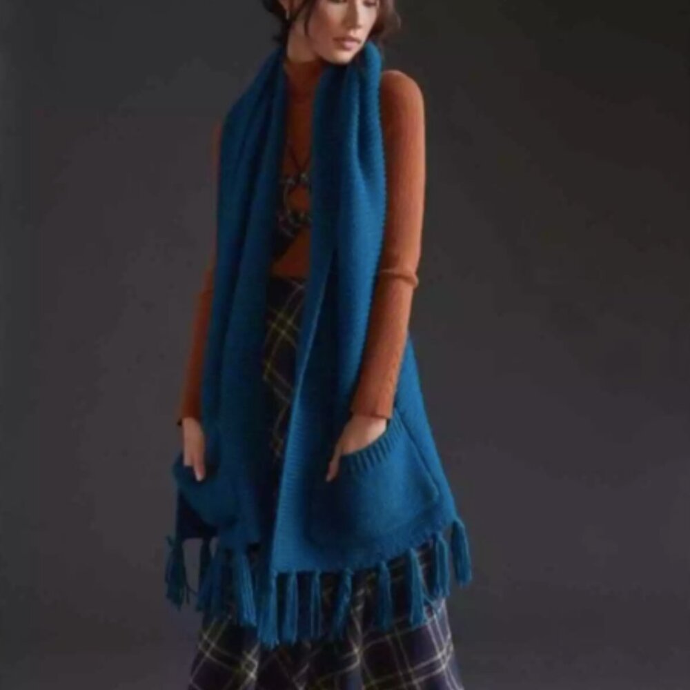 Anthropologie Pilcro Boho Fringed Knit Pocket Oversized Scarf